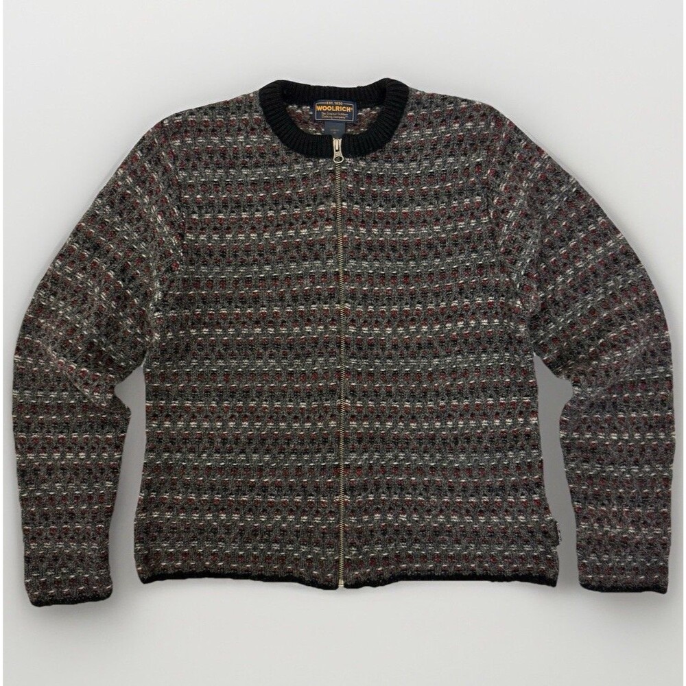 Woolrich 100% Wool Zip Sweater Jacket M Gray Red Floral Trim